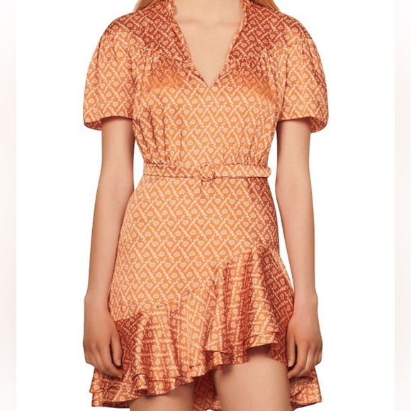 SANDRO Orange Suzen Ruffled Heart Printed Belted Mini Dress Size 34 - Picture 1 of 12